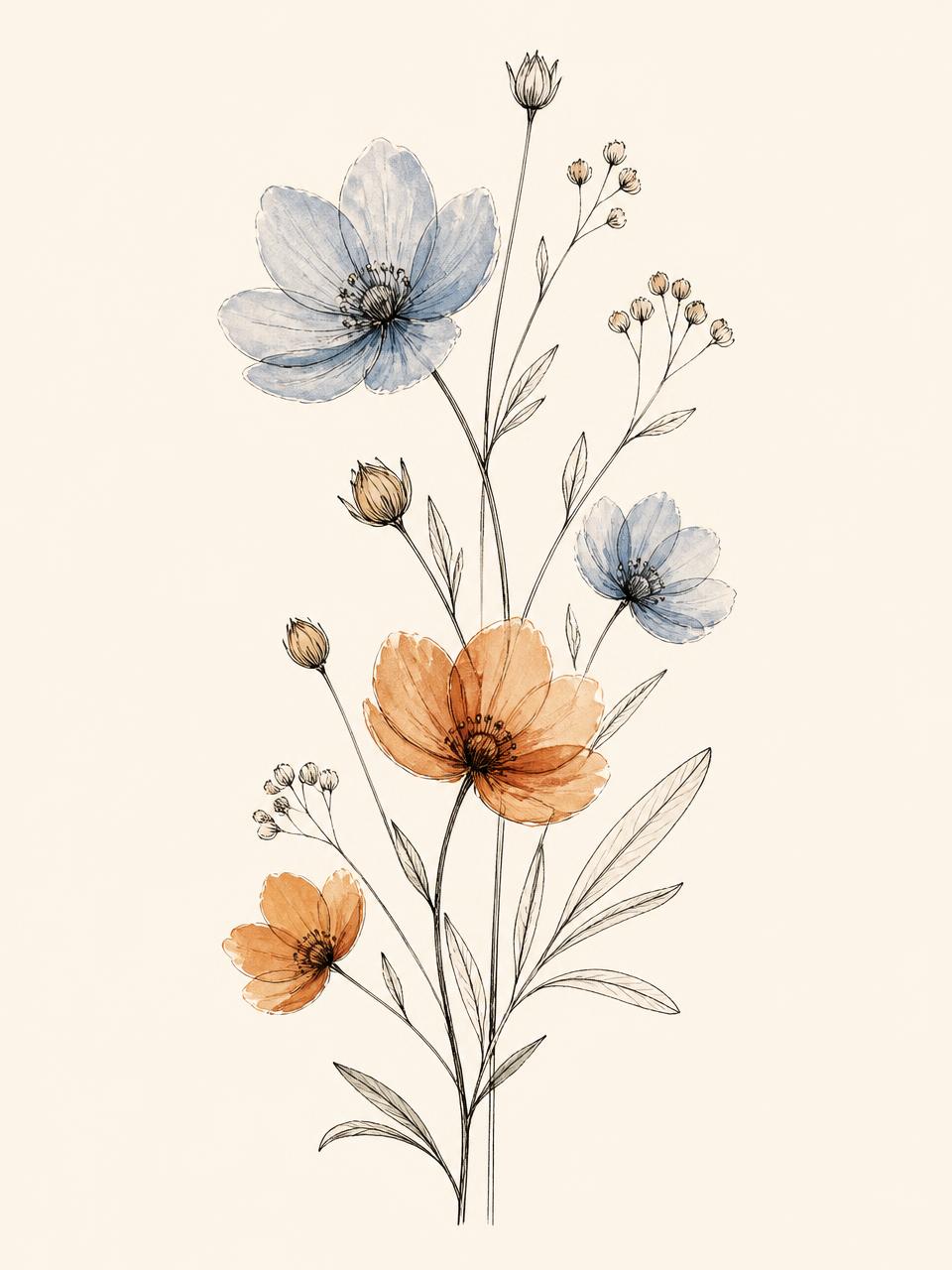 Watercolor wildflowers in dusty blue and burnt orange